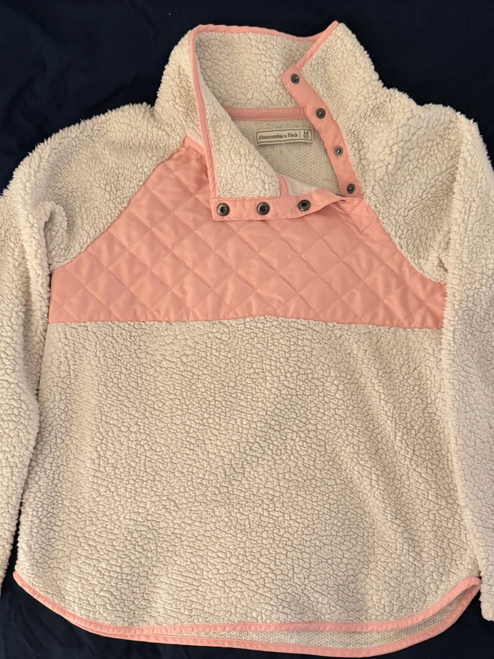 Abercrombie & Fitch Cream Sherpa Pullover with Pink Quilted Yoke